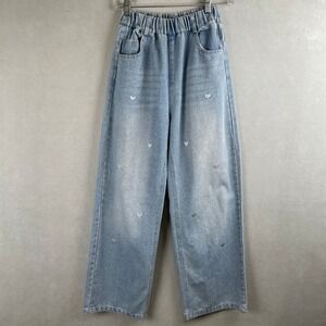 Light Wash Heart Embroidered Wide Leg Jeans Elastic Waist Girls Coquette 15-16Y